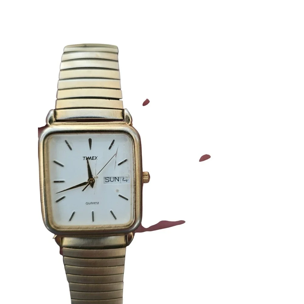Vintage Timex Quartz Square Gold Tone Watch Day Date Expansion Band TB9 CR2016